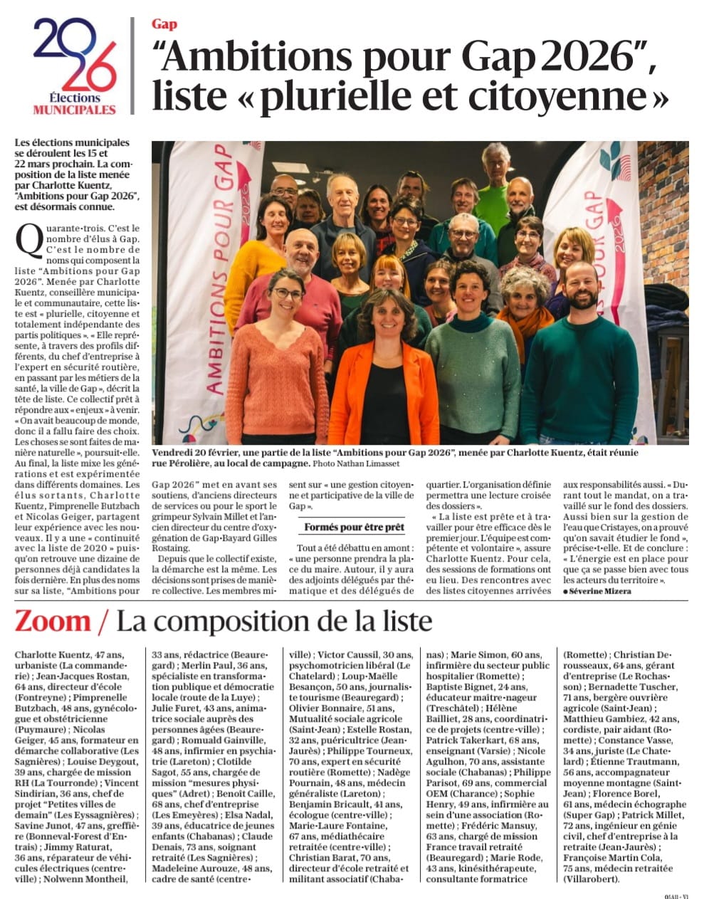 Article du dauphin&eacute; lib&eacute;r&eacute; du samedi 21 f&eacute;vrier 2026
Lien vers: https://www.ledauphine.com/elections/2026/02/20/ambitions-pour-gap-2026-une-liste-plurielle-et-citoyenne?at_content=link&at_term=LeDL05&at_source=nonli